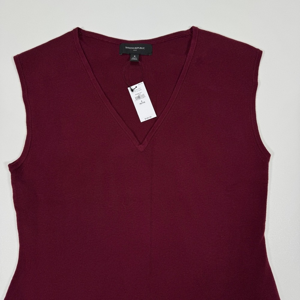 Banana Republic Womens Sleeveless V Neck A Line Knit Dress S Petite Burgundy NWT - Picture 8 of 13